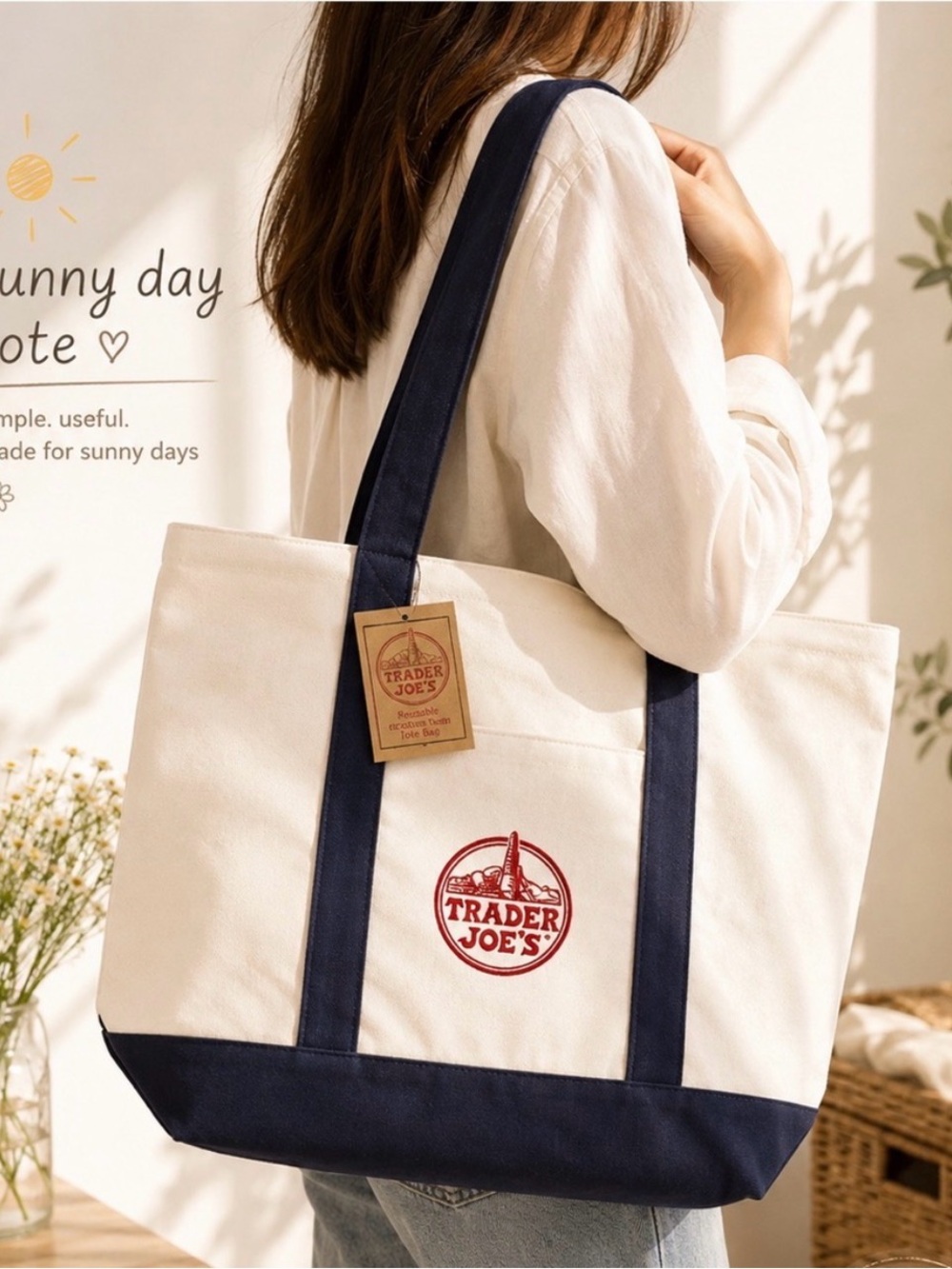 NWT! Trader Joes Tote Bag Navy Blue Canvas Large 20"x 15" VIRAL!